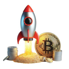 Bitcoin and Rocket  To The Moon 3D render illustrator