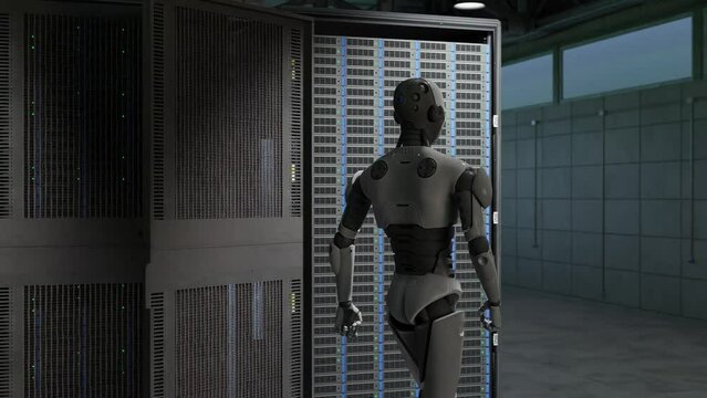cyborg humanoid moving slowly in  server internet hi tech red alarm room giving birth concept artificial intelligence taking over in 3d rendering animation cybersecurity war 