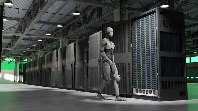 cyborg humanoid walking spy server internet hi tech red alarm room giving birth concept artificial intelligence taking over in 3d rendering animation cybersecurity war 