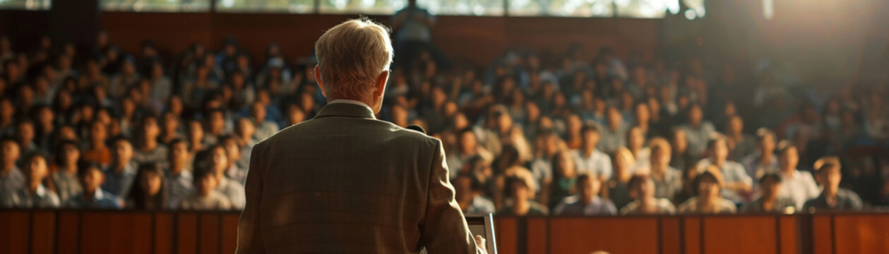 High school principal at a podium addressing students in assembly