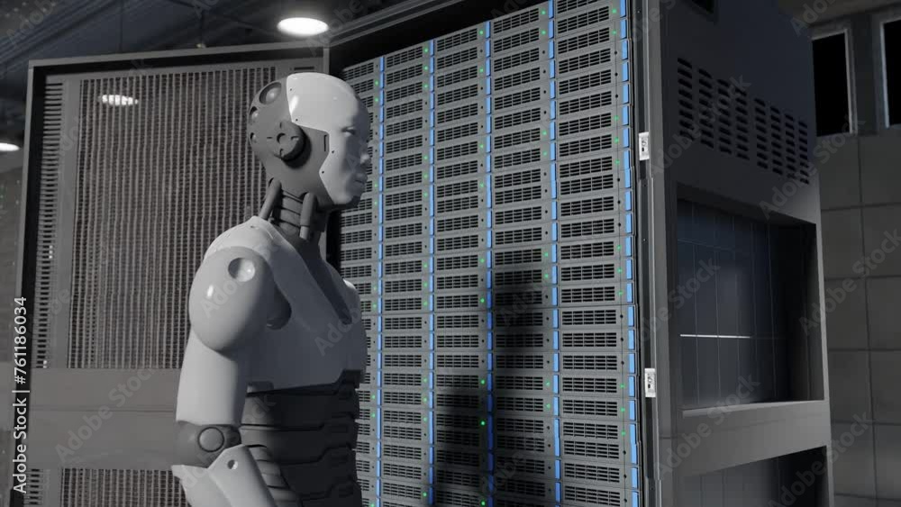 Poster cyborg humanoid moving around server internet hi tech red alarm room giving birth concept artificial