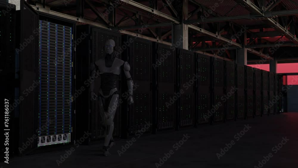 Poster cyborg humanoid in to server internet hi tech red alarm room giving birth concept artificial intelli
