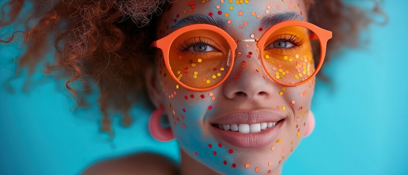 A Girl With Bright Stickers On Her Face. Illustration On The Theme Of Carnivals And Holidays, Recreation And Entertainment. Generative AI