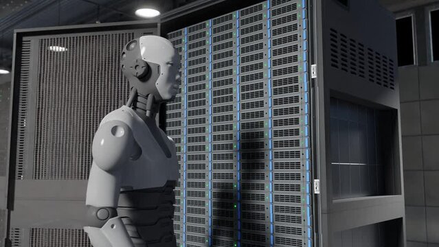 cyborg humanoid moving around  server internet hi tech red alarm room giving birth concept artificial intelligence taking over in 3d rendering animation cybersecurity war 