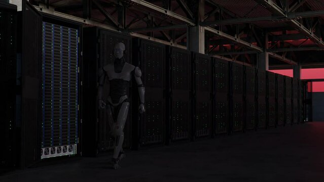 cyborg humanoid in to server internet hi tech red alarm room giving birth concept artificial intelligence taking over in 3d rendering animation cybersecurity war data stealing 