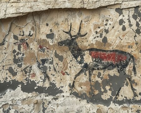 Weathered rock adorned with prehistoric paintings