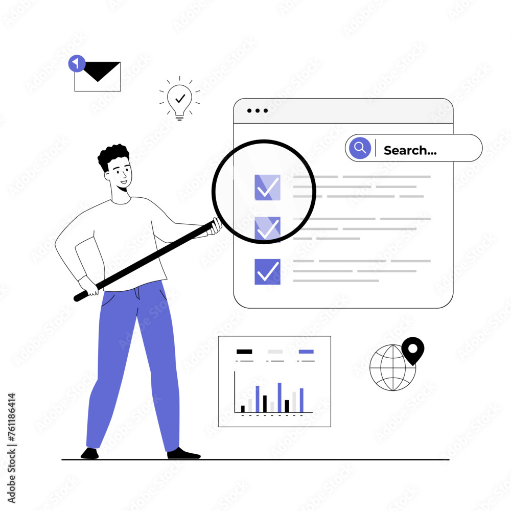 Poster seo analysis concept. man settings site for search engines, analyzes statistics of web page, improve