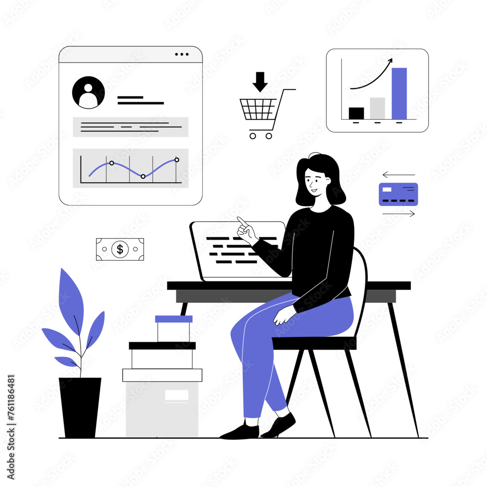 Poster sales performance concept. manager monitors sales using chart on a laptop. business profits and comm