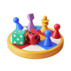 3D illustration of a colorful board game with pawns and dice, concept of strategy and luck