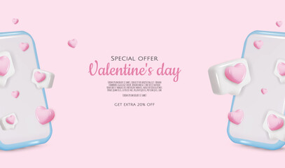 Smartphone with heart. 3D valentine illustration with hearts. Vector illustration