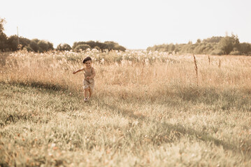 Obraz na płótnie Canvas The boy-child is having fun and actively running in the field. A sincere and joyful boy. Childhood in the countryside.