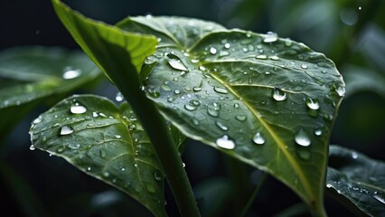 leaves with water drop, leaves in the rain, leaves background close up