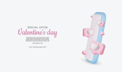 Valentine's day background. 3D valentine illustration with hearts, bubble chat, and smartphone.