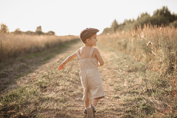 The boy-child is having fun and actively running in the field. A sincere and joyful boy. Childhood...