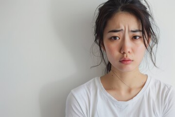 生理痛やストレスで体調が悪い日本人女性（うつ病・食欲不振・パワハラ） - obrazy, fototapety, plakaty