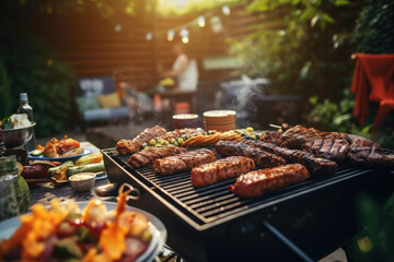 Meat and vegetables on a barbecue grill in the sunshine in the backyard of a house. - obrazy, fototapety, plakaty