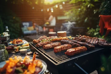 Foto op Plexiglas Meat and vegetables on a barbecue grill in the sunshine in the backyard of a house. © OleksandrZastrozhnov