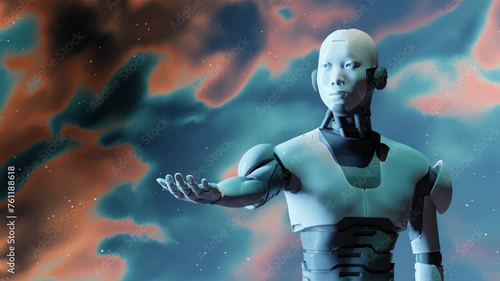 Poster robot cyborg humanoid showing its open hand empty palm with liquid texture background in 3d renderin