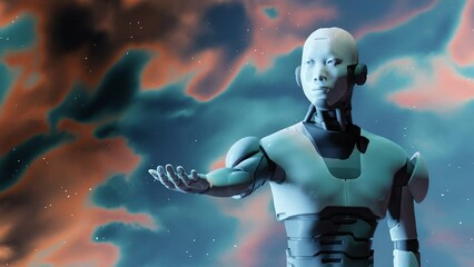 robot cyborg humanoid showing its open hand empty palm with liquid texture background in 3d rendering animation   - Powered by Adobe