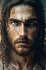 Portrait of a brutal man with long hair and a beard. Looking at the camera. 