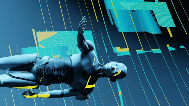 robot humanoid showing its empty hand palm with technology coding background artificial intelligence taking over concept vertical