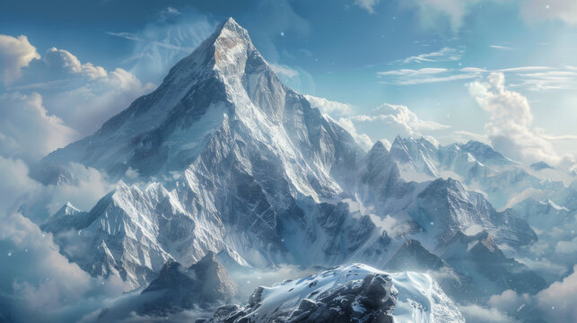 Mount Everest stands as the pinnacle amidst snow-capped peaks, reigning as the loftiest summit on Earth.