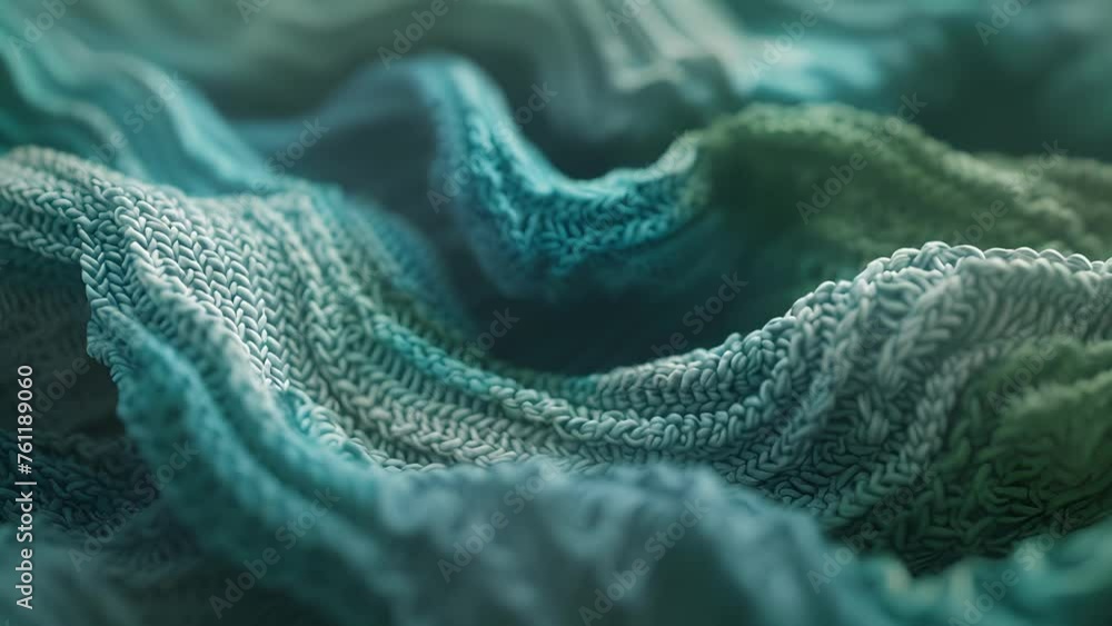 Poster a closeup of a knitted scarf showcasing its soft texture and the complex stitch pattern in shades of