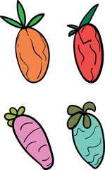 Four large fruits or vegetables of different colors with different leaves.