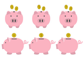 ￥、＄、pマークのコインと豚の貯金箱のイラストのセット_ピンク
