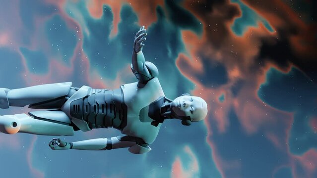 robot humanoid prototype showing its open hand empty palm with liquid texture background in 3d rendering animation  vertical