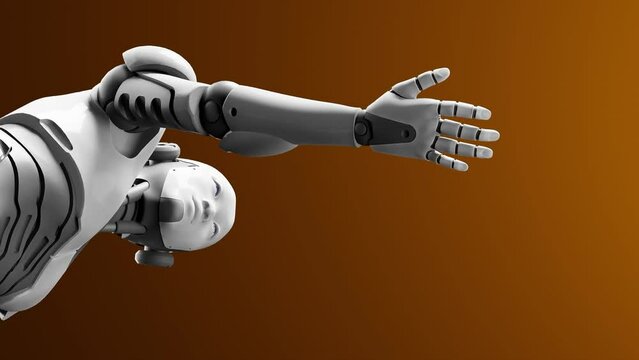 humanoid prototype moving arm and showing palm hand empty space for adding object , artificial intelligence futuristic task scenario 3d rendering animation low angle view