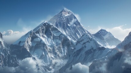 Fototapeta na wymiar Mount Everest stands as the pinnacle amidst snow-capped peaks, reigning as the loftiest summit on Earth.