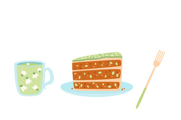 Green tea cup with slice of pistachio cake and fork. Sweet bakery piece with hot herbal beverage. Pastry dessert with cream for breakfast. Vector flat illustration isolated on white background