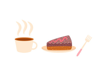 Hot chocolate cup with slice of cake and fork. Sweet bakery piece with coffee. Pastry dessert with cream for breakfast. Vector pie and drink flat illustration isolated on white background