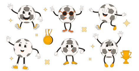 Obraz premium Soccer ball retro comic mascot. Football groovy character. Rubber hose sport game equipment. Vector flat illustration.