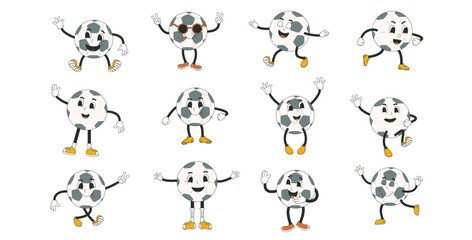 Football ball groovy characters set isolated on white background. Soccer retro mascots. Rubber hose animation style cartoon sport equipment Cute vintage anthropomorphic. Vector flat illustration