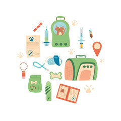 Travel with pets round composition. Dog and cat tourism accessories set elements circle shape isolated on white background. Trip for adventure and rest with domestic animals. Vector flat illustration