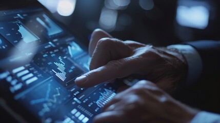 Dynamic Business Growth A CloseUp of a Professional's Hands Navigating Annual Statistics on a Digital Tablet