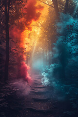 Enchanted paradise with dynamic, colorful smoke dances, cute, celestial beings, serene, otherworldly beauty, inviting exploration, hyper realistic, low noise, low texture