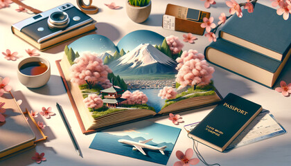 Vibrant scene with an open book featuring a 3D pop-up of Mount Fuji and cherry blossoms, accompanied by travel essentials. AI Generated. - Powered by Adobe