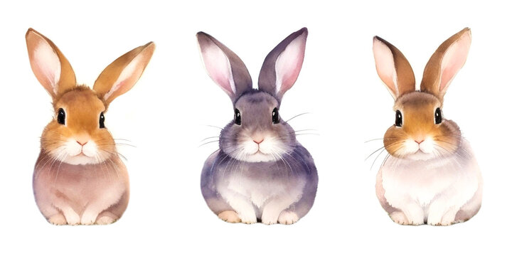 Watercolor Rabbits - Set, isolated on white background. Easter bunny collection. For design and decoration