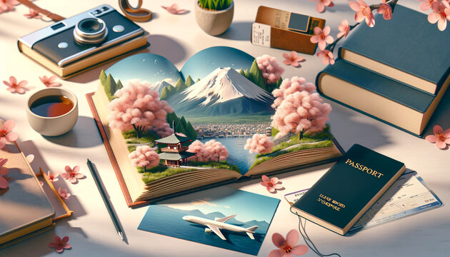 Vibrant scene with an open book featuring a 3D pop-up of Mount Fuji and cherry blossoms, accompanied by travel essentials. AI Generated.