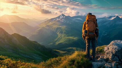 A man with a backpack sitting in a mountain setting, enjoying the panoramic view in the morning