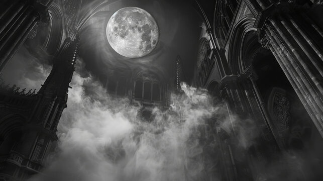 Old gothic castle in the night under the moon
