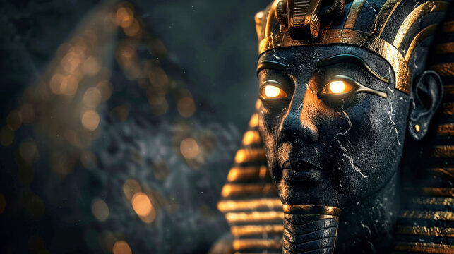 Dark stone statue with glowing eyes, representing an Egyptian god or pharoah