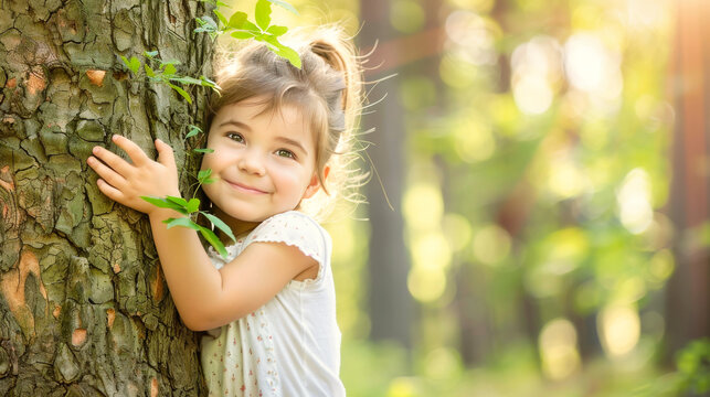 A smiling little girl hugging a tree in the forest. Love of nature concept.