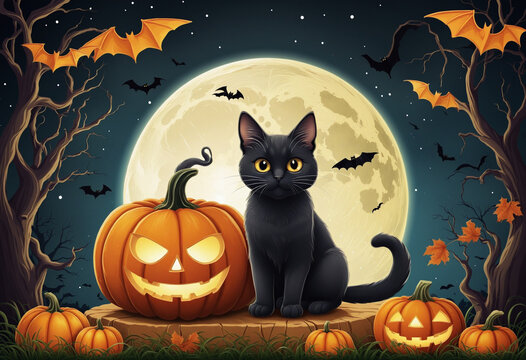 Happy Halloween poster or card with Halloween element pumpkin, cat, bat and moon