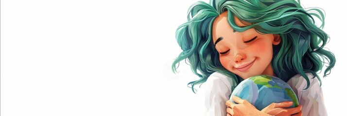 3D illustration of Cute Girl with Green Hair Hugging or Embracing Earth with Copysace, Earth Day, World Environment Day, Save World, Natural Conservation