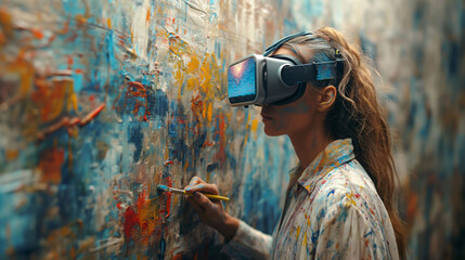 Woman painter using vr headset while painting - obrazy, fototapety, plakaty
