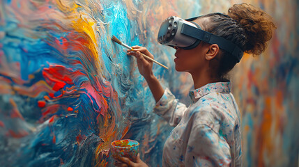 Woman painter using vr headset while painting